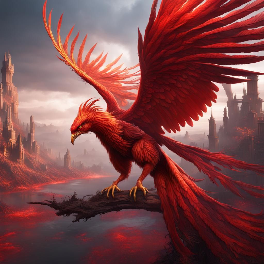 Majestic Red Phoenix in Flight: Detailed Matte Painting