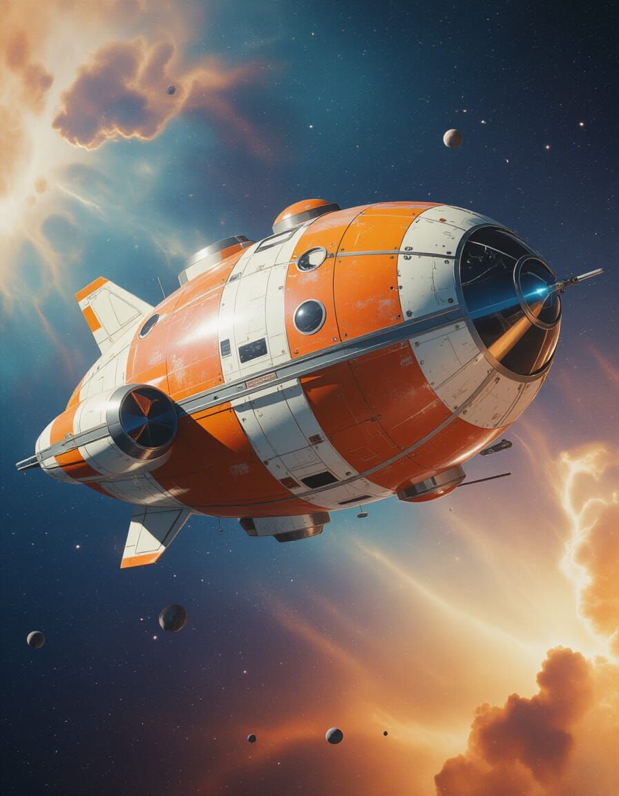 Seventies Spaceship Drifting Through Cosmic Background