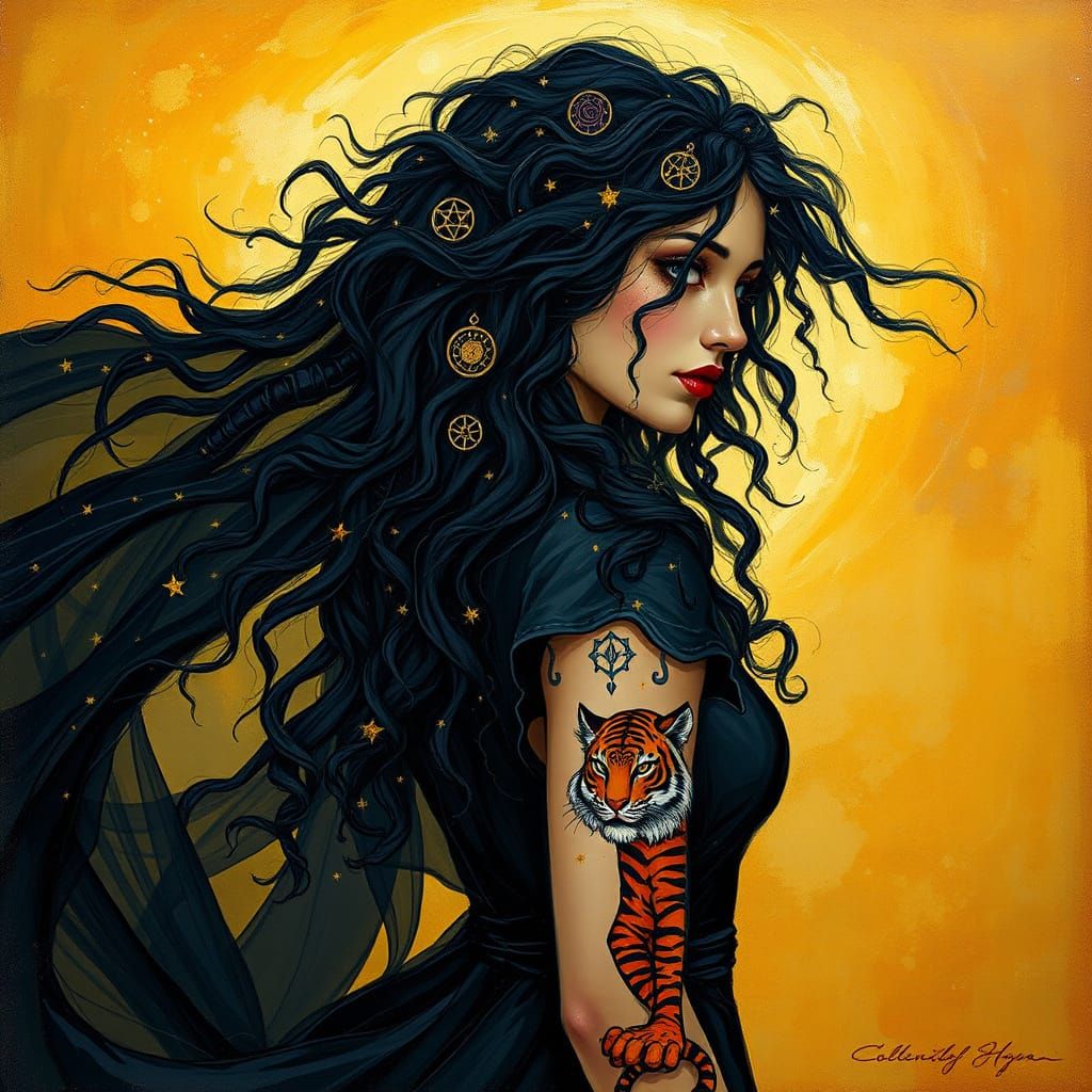 Mystical Witch with Celestial Tiger Tattoo
