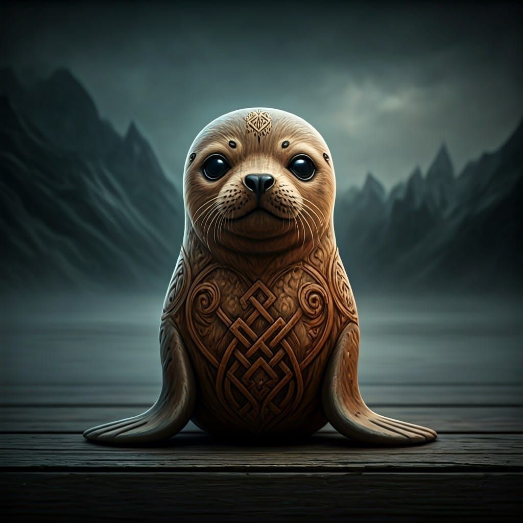 Hyperrealistic Wood Carving: Baby Seal Viking in Fjord
