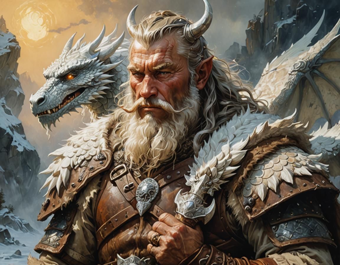 Viking Chief and White Dragon in Oil Painting Style