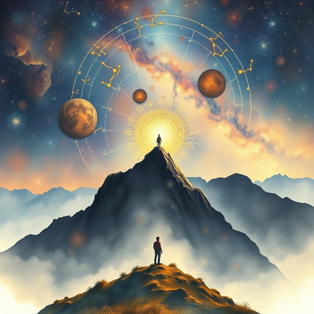 Celestial Map Above Mountaintop in Watercolor Style