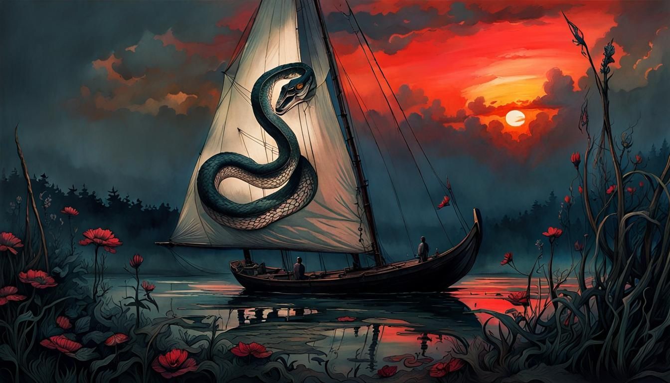 Snake Tattoo on Sailboat at Sunset, Color Print Art