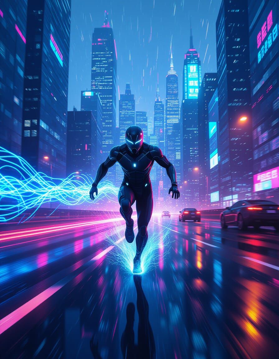 Futuristic Athlete Sprints on Neon Highway in Cyberpunk Styl...