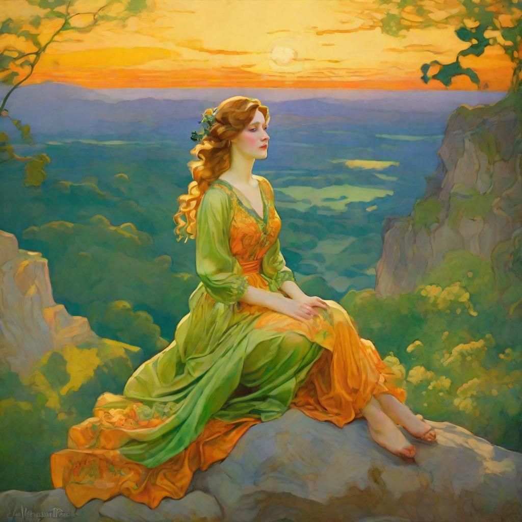 Lady on Rock at Sunset, Neo-Impressionism Style