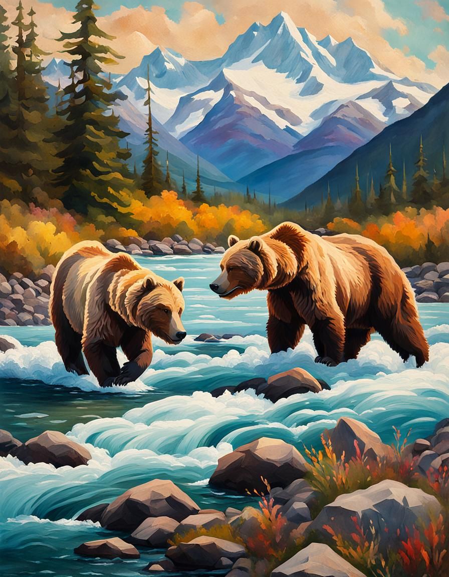 Alaskan Grizzlies Fishing: 19th Century Travel Poster