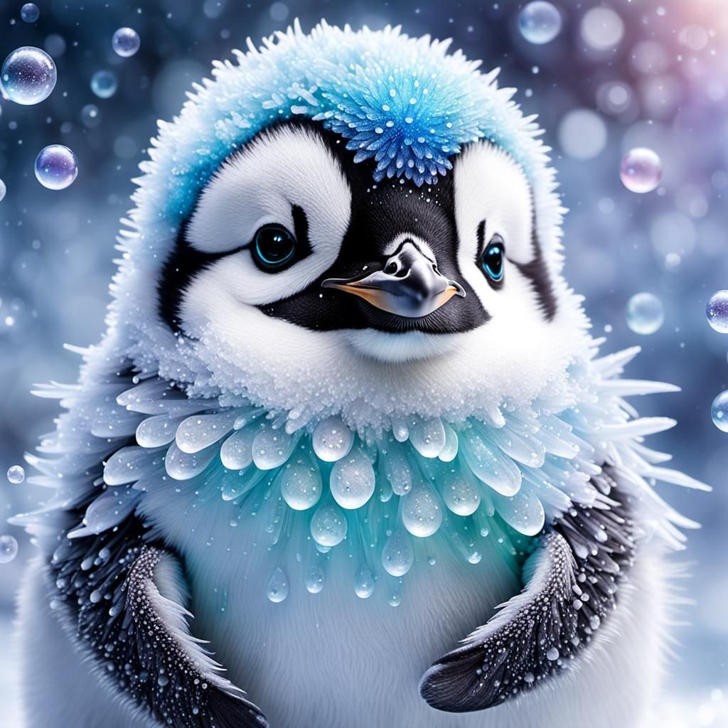 Dewdrop Penguin with Flowers and Aurora