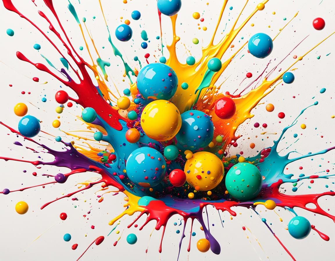 Vibrant Splatter Art in 3D with Playful Bubbles