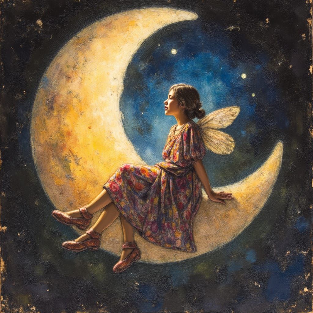 Pixie on Crescent Moon in Alcohol Ink Style