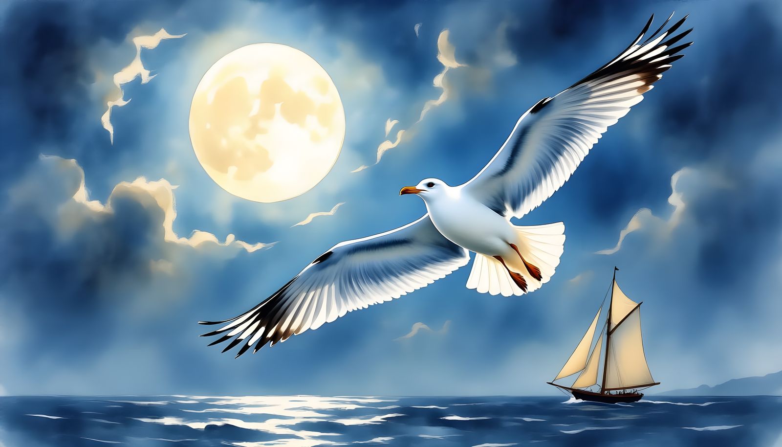 Seagull in Moonlit Sky: Expressive Watercolor Art