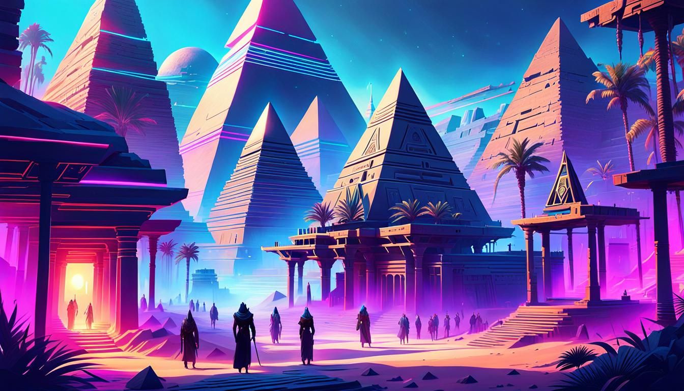 Cyberpunk Egyptian Village in Synthwave Style