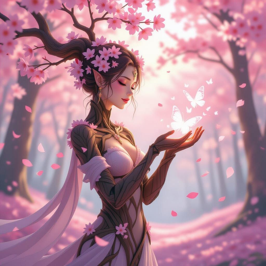 Humanoid Tree Spirit with Butterflies in Anime Style