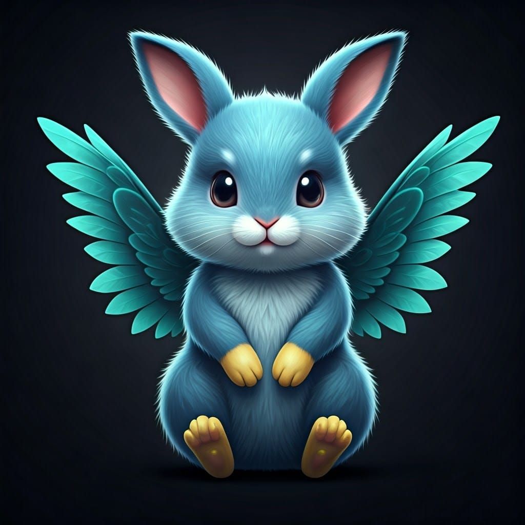 Cute Blue Rabbit with Turquoise Wings in 3D Anime Art