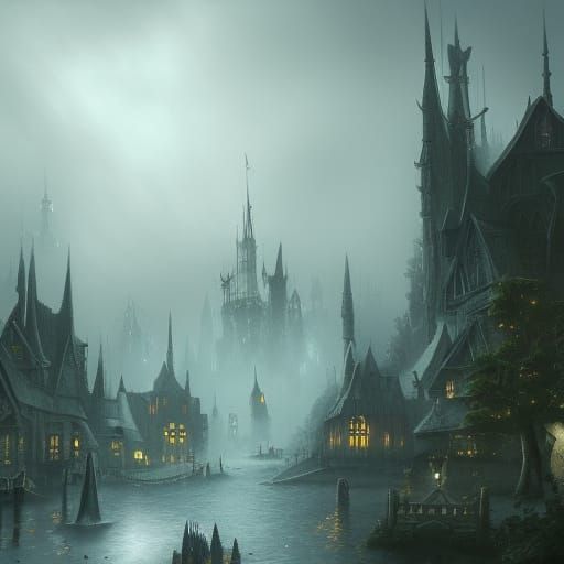 Eerie Fog Shrouds Fantasy Town: Detailed Matte Painting