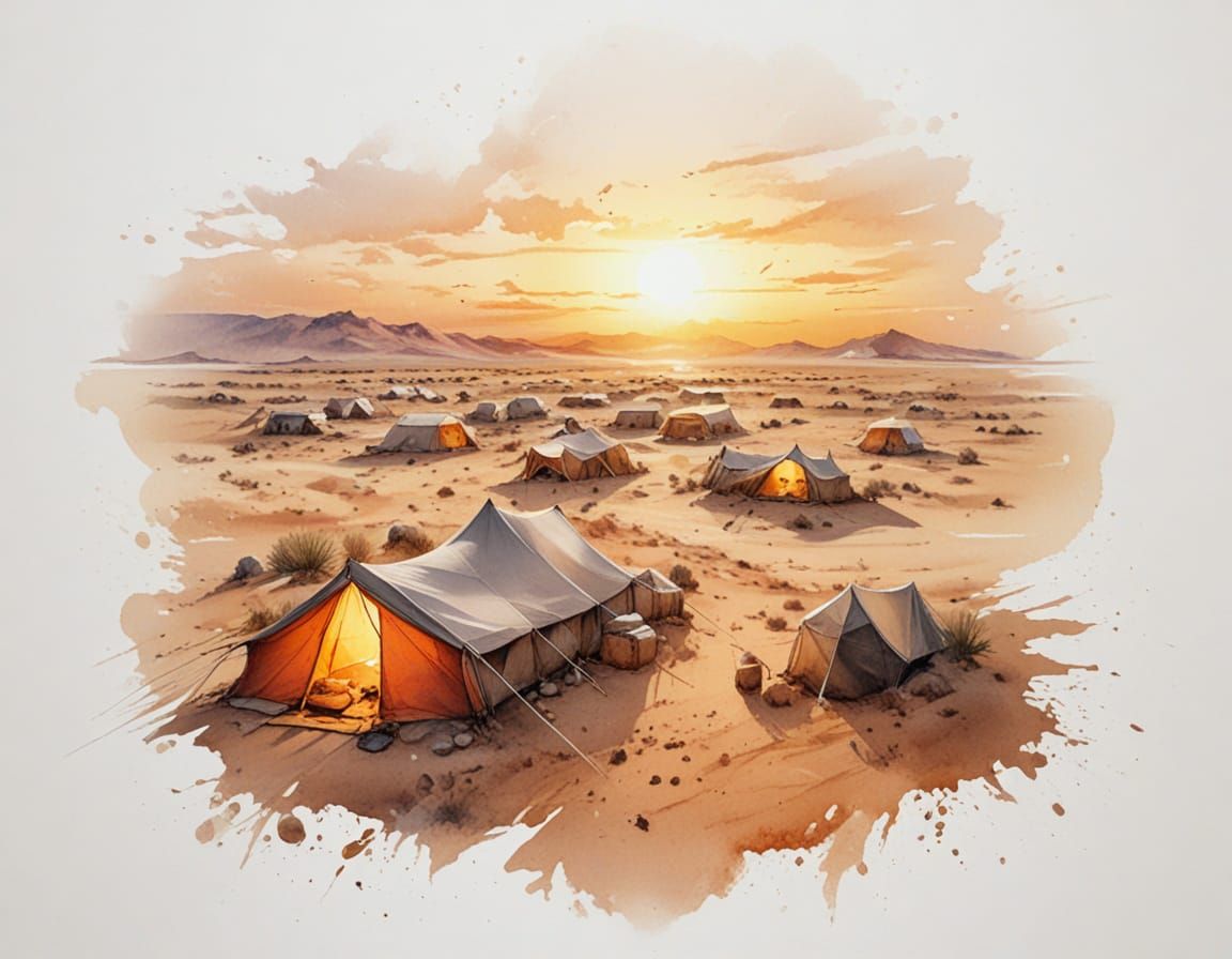 Glass Desert Bazaar at Dusk with Lanterned Tents