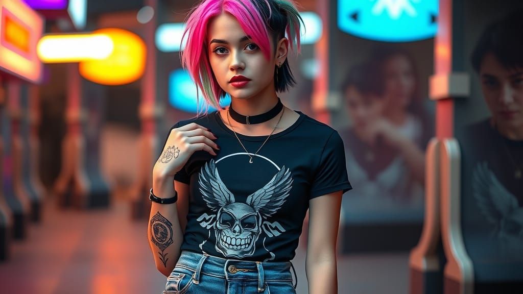 Punk Girl with Asymmetrical Hairstyle in Synthwave Style
