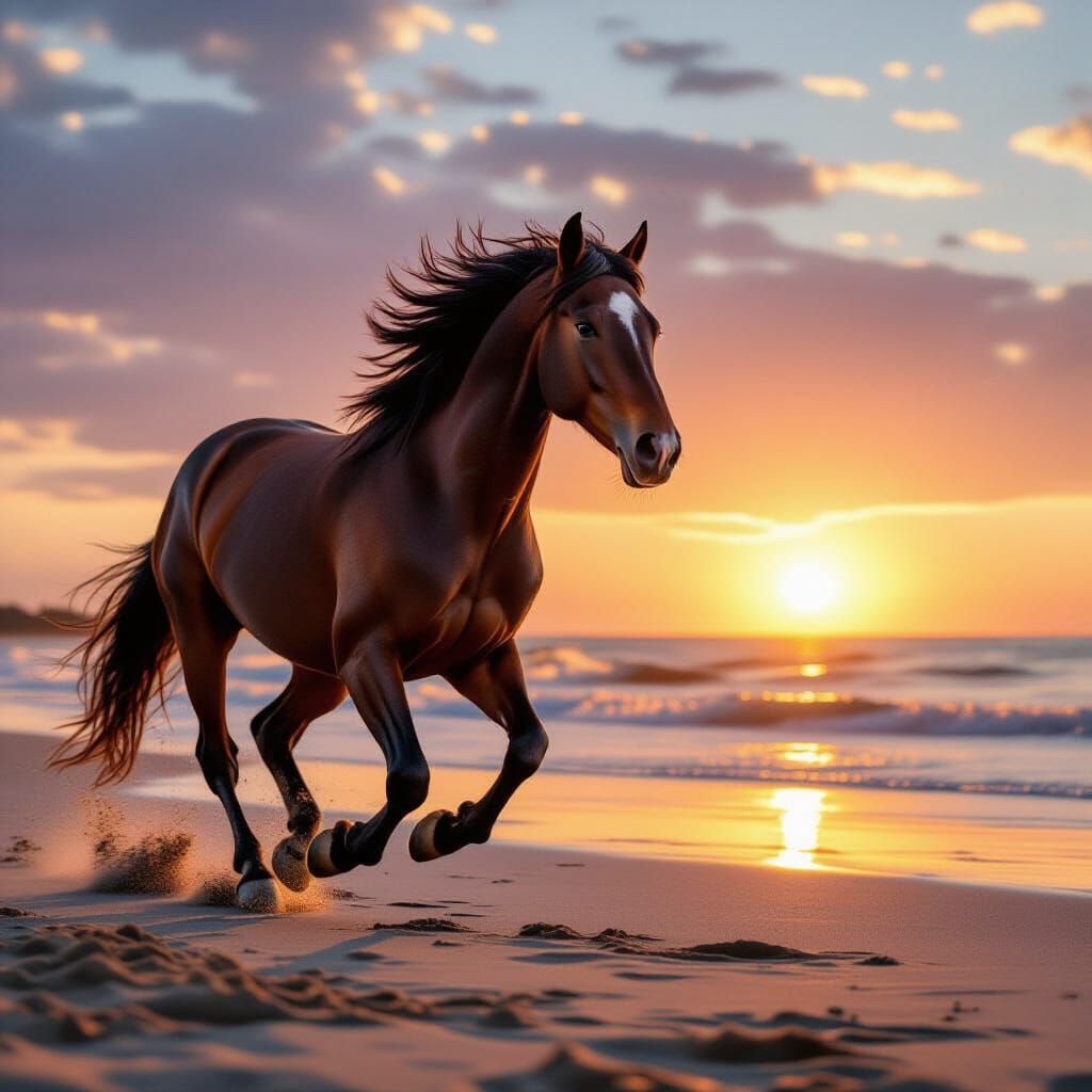 Horse Galloping on Beach at Sunrise with Windblown Mane