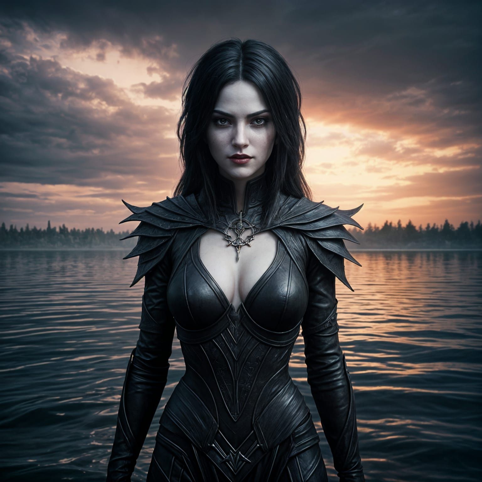 Ethereal Vampire Goddess Reflects on Dark Fantasy Lake