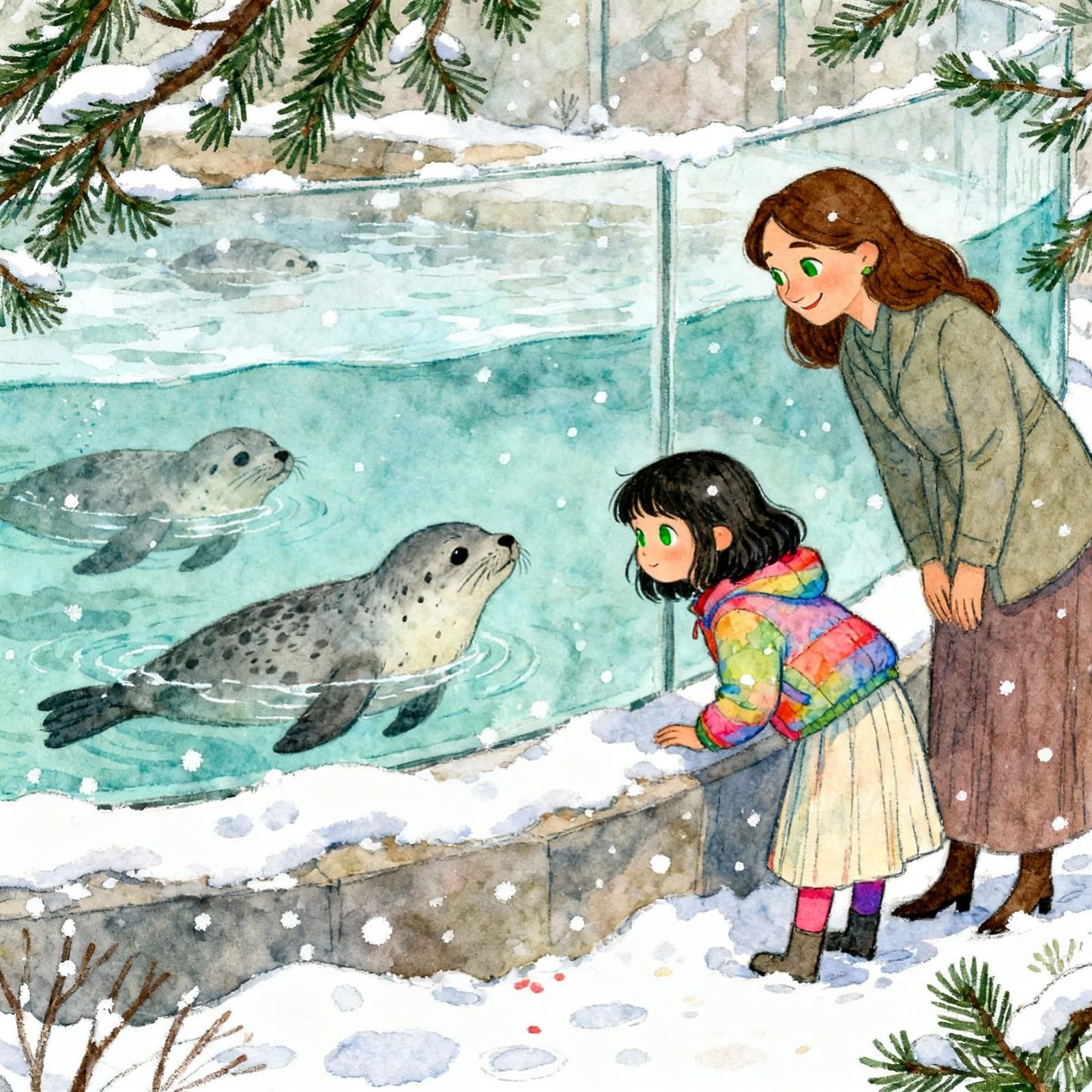 Girl Watches Seals at Winter Zoo