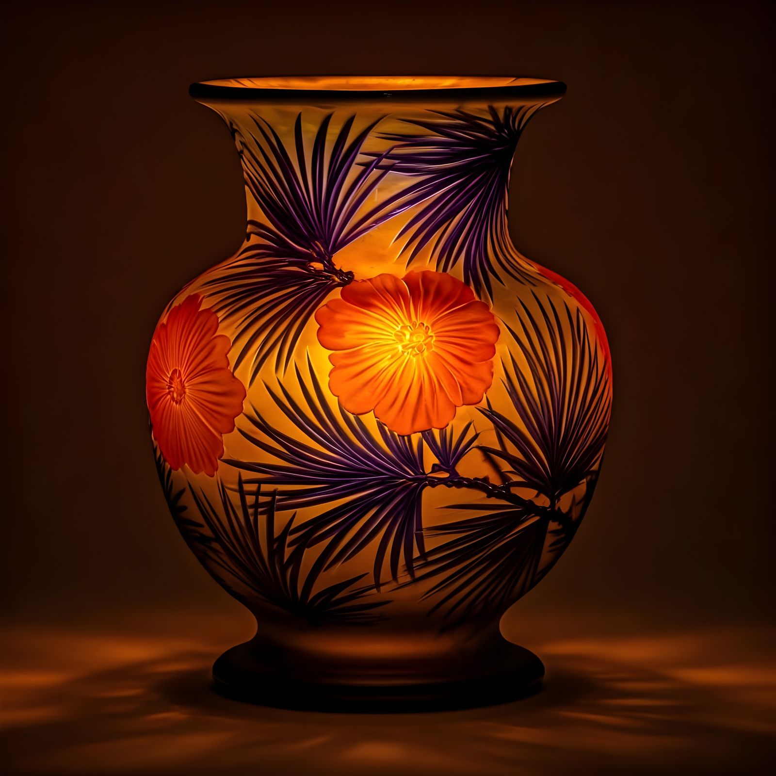 Luxurious Cameo Glass Vase with Pine and Flowers in Sunset H...