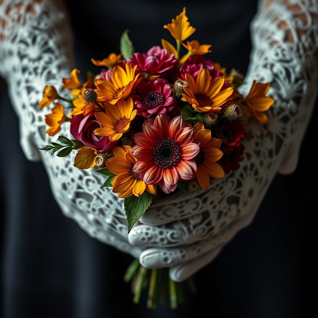 Lace Gloves Hold Autumn Bouquet in Hyperrealistic Image