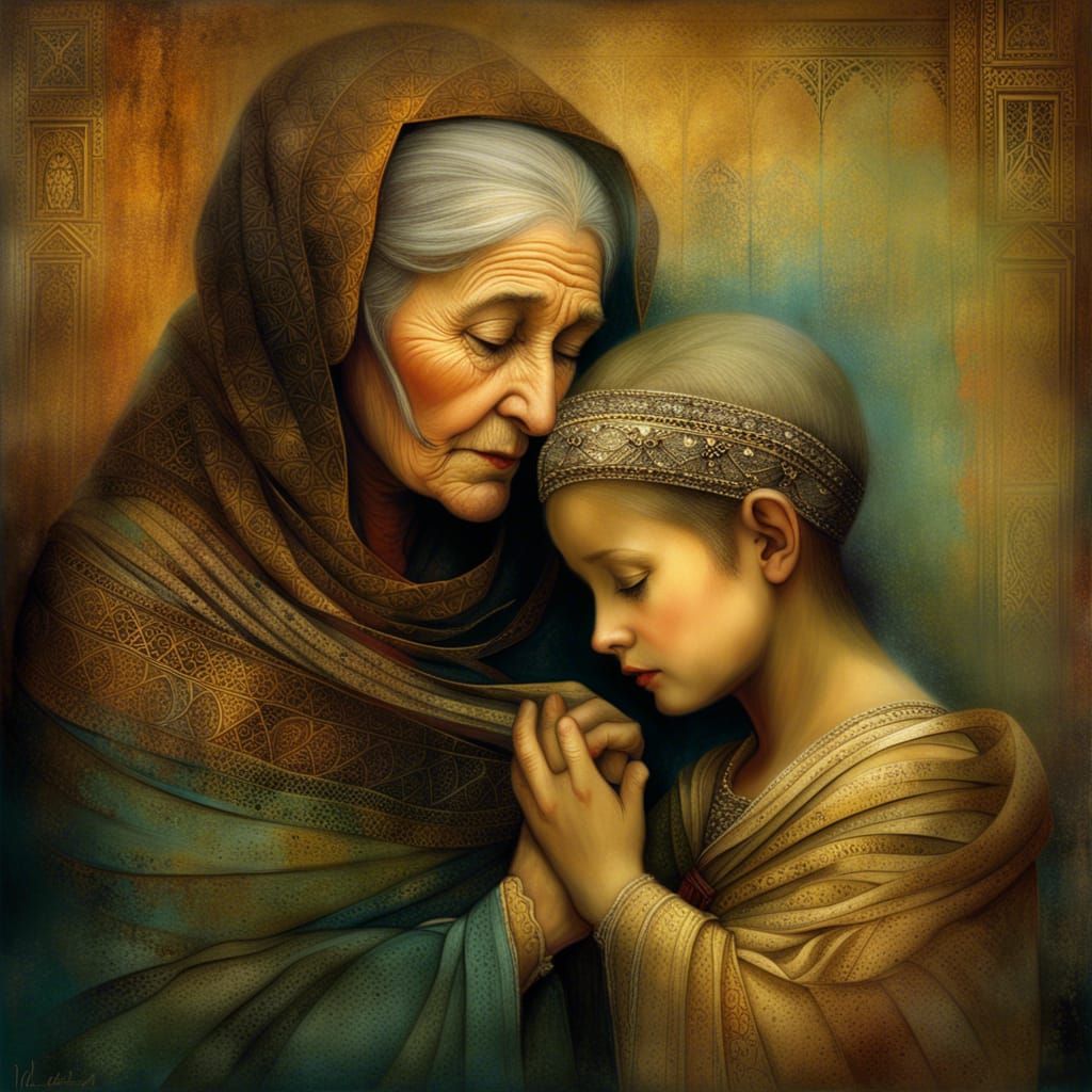 Grandmother Comforts Grandchild: Magical Realism Portrait