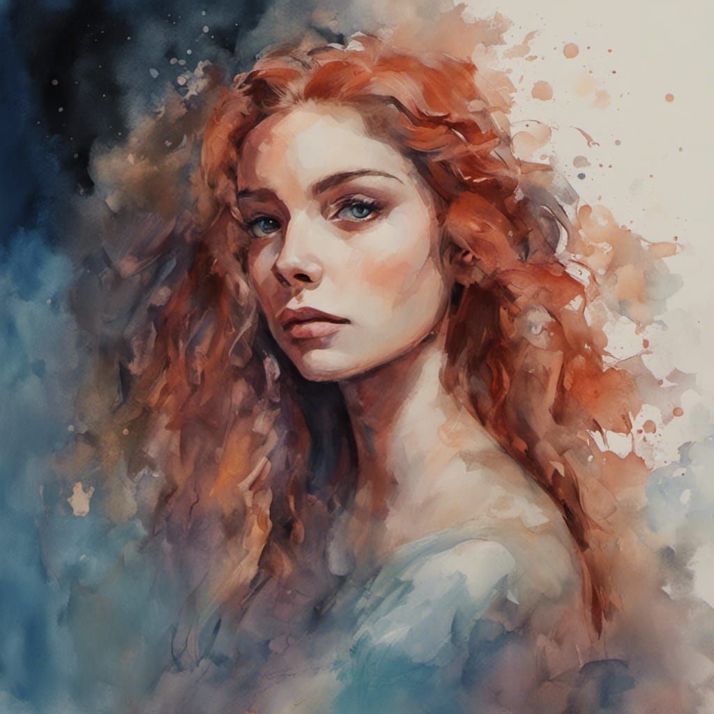 Auburn Woman in Moonlit Watercolor Landscape