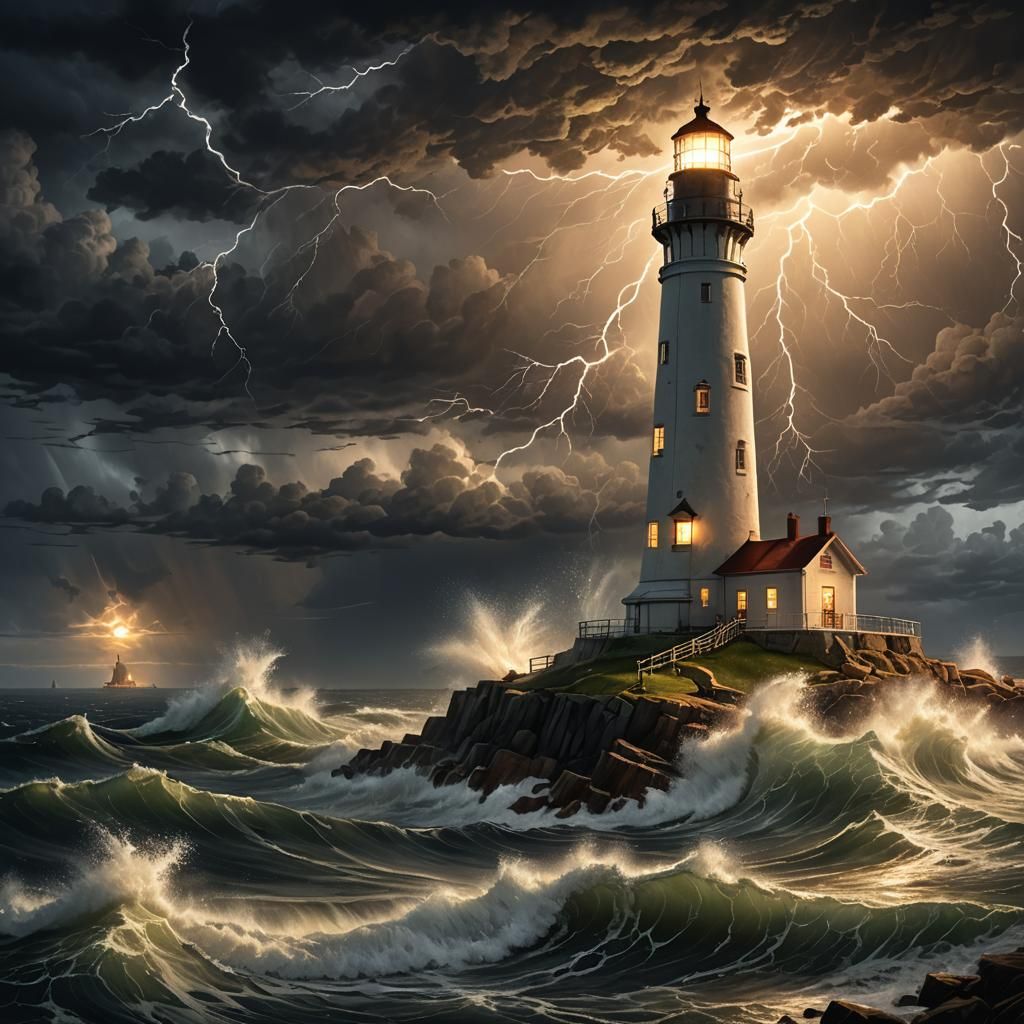 Lighthouse on Stormy Harbor in Hyper-Realistic Style