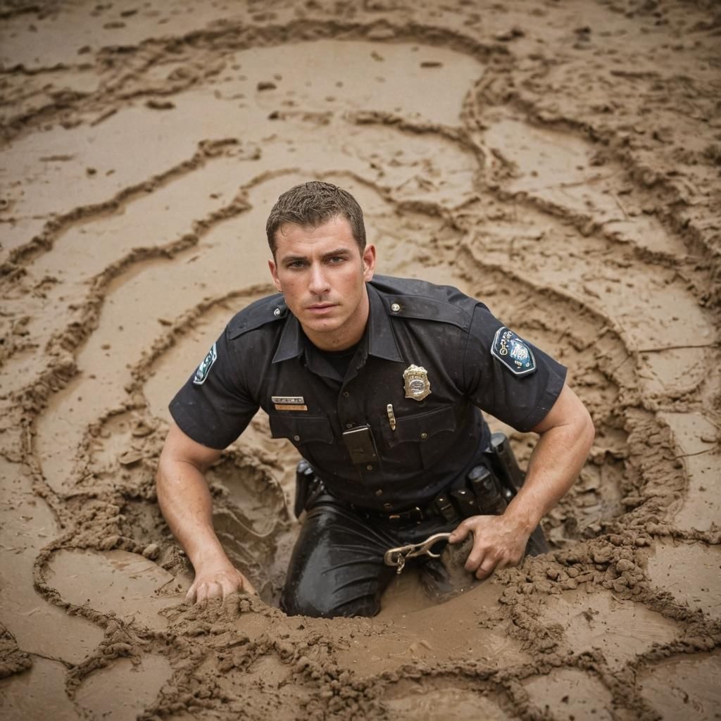Dramatic Portrait of Police Officer Sinking in Quicksand