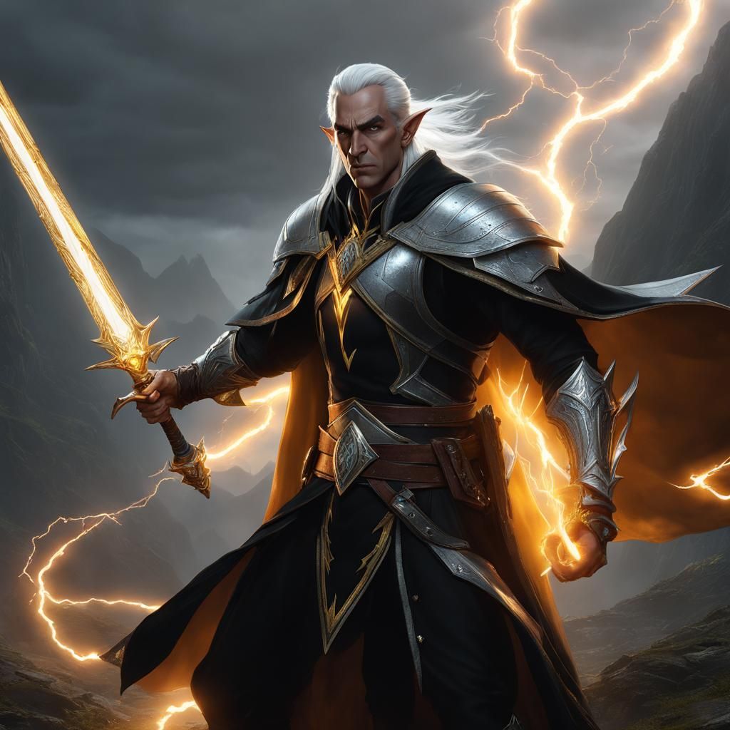 High Elf Sorcerer Casting Lightning, Dark Fantasy Art
