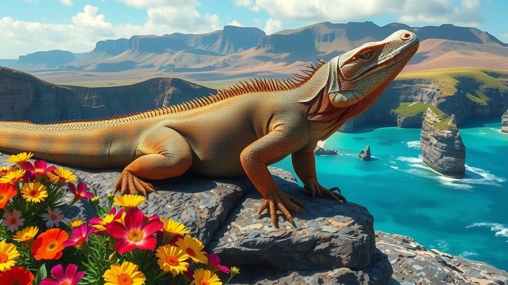 Komodo Dragon Amidst Vibrant Wildflowers in Dramatic Coastal...