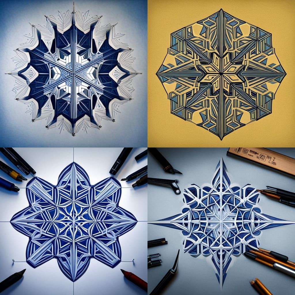 Symmetrical // blueprint schematic of a snowflake by Escher technical blueprint by MC Escher on blue paper white ink, co...