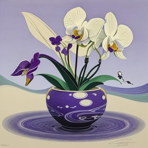 Orchid Botanical Ink Drawing in Surreal Style