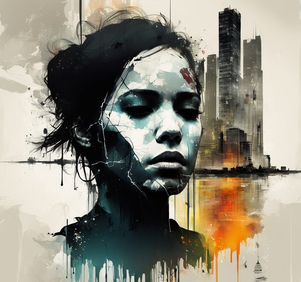 Surreal Cityscape Melting into Sea in Woman's Face