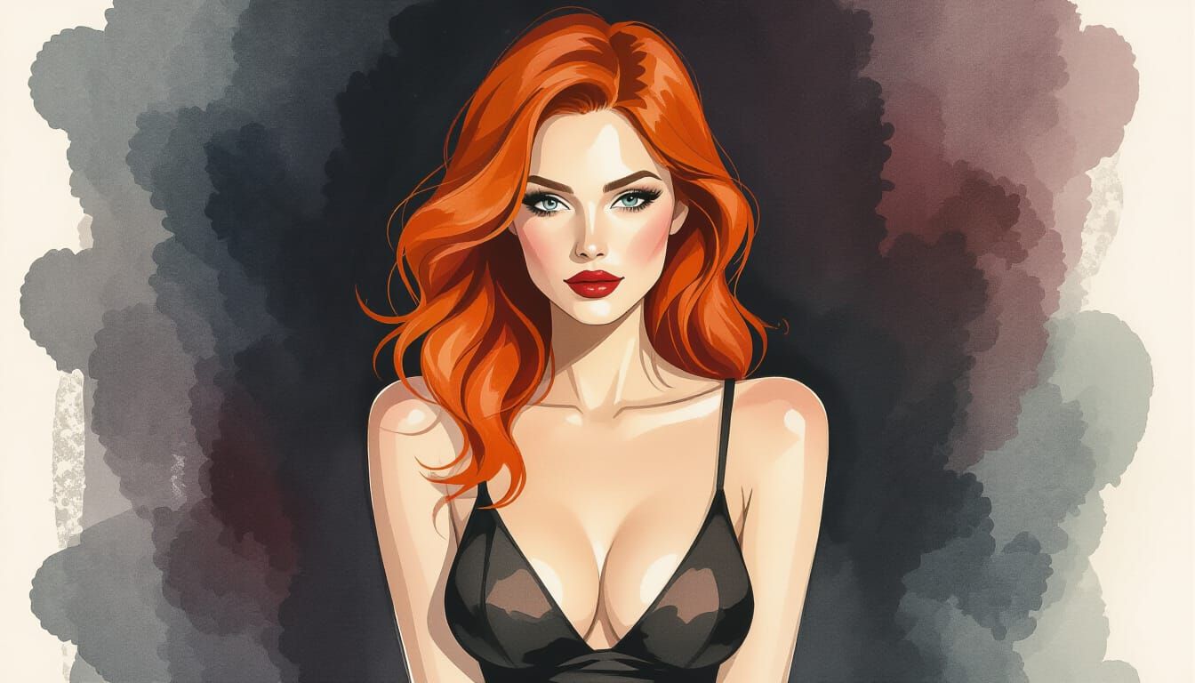 Abstract Watercolor Portrait of Red-Haired Woman