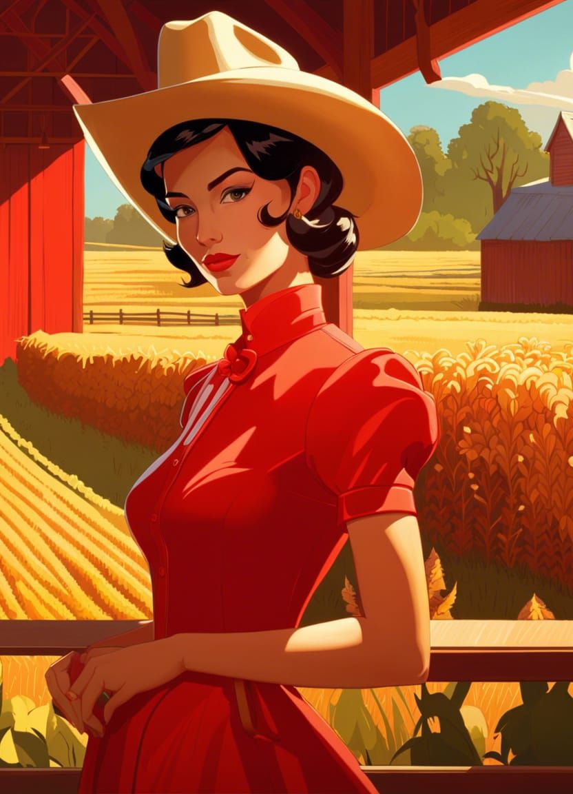 Android Cowgirl in Red Dress on Farm