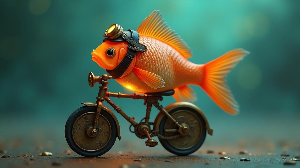 Goldfish Rides Bicycle in Steampunk Style