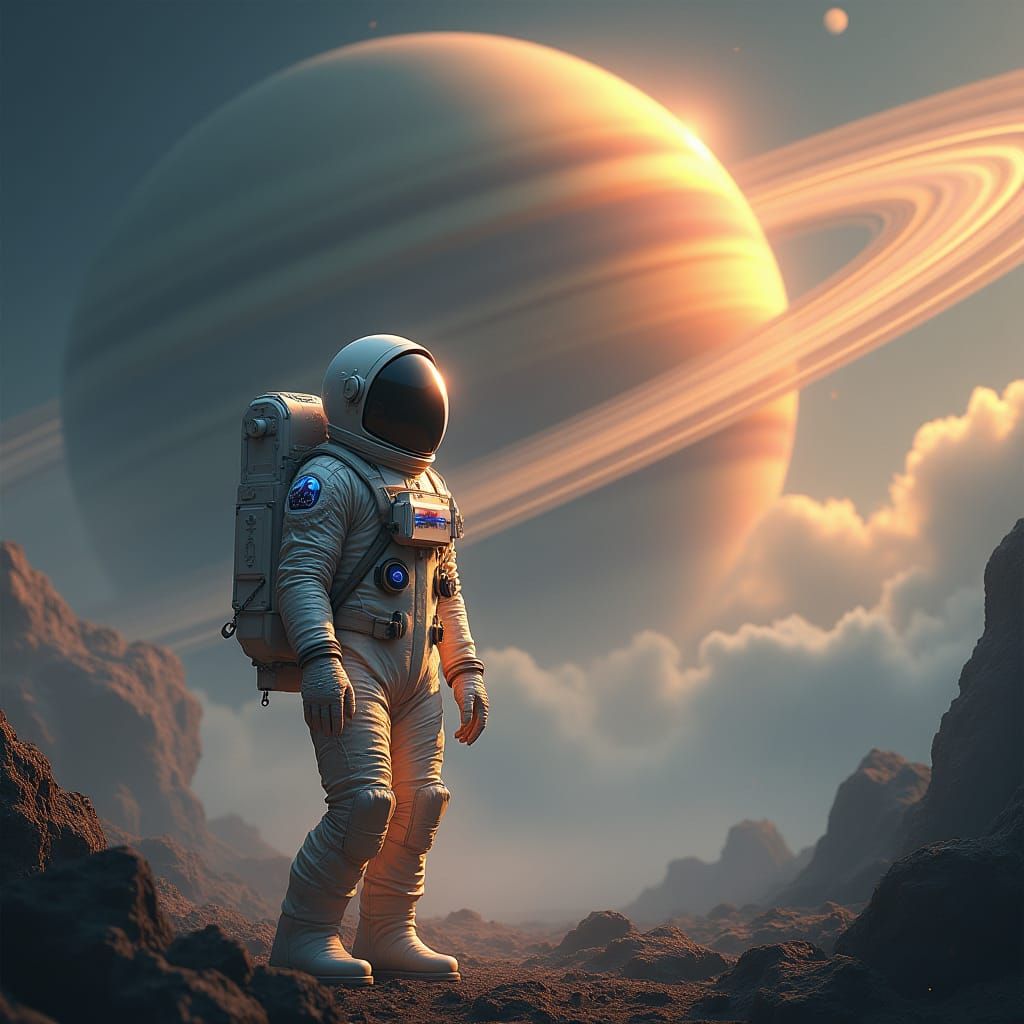 Astronaut in Dreamscape with Saturn, High-Fantasy Style