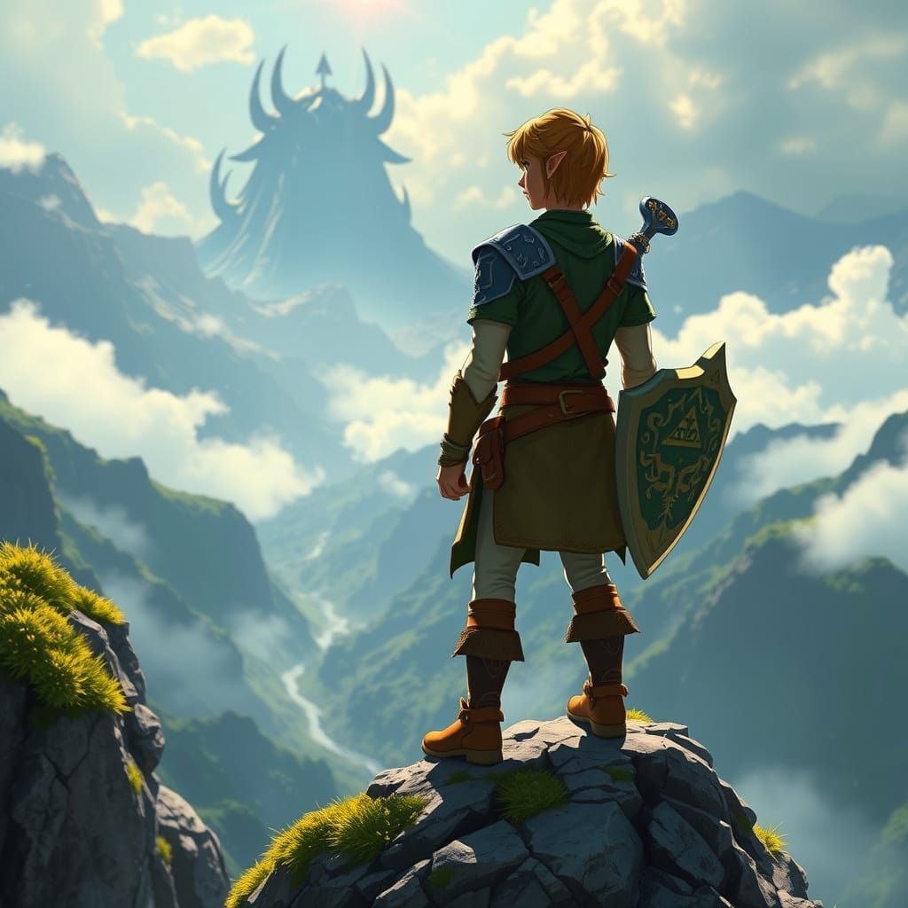 Heroic Link Stands atop Hyrulean Rock Outcropping