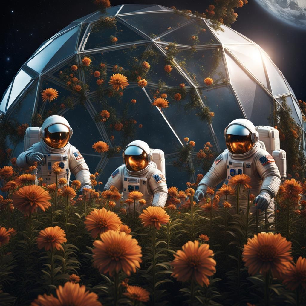 Lunar Garden: Astronauts Cultivating Flowers on the Moon