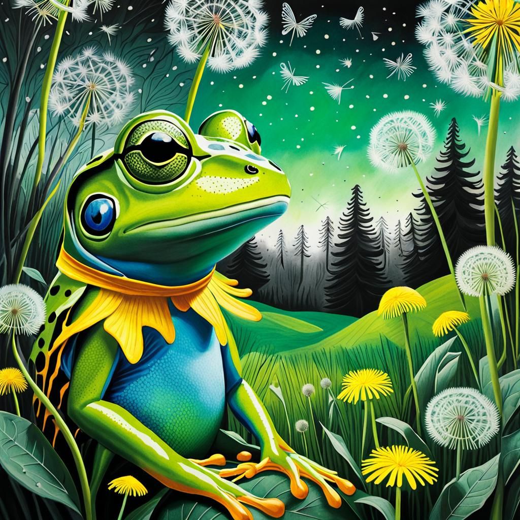 Green Frog with Fairy Wings in Surreal Crayon Art