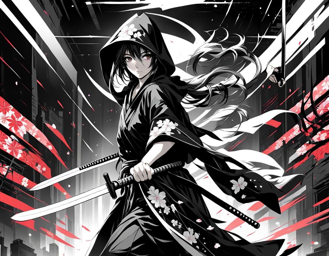 Sakura Kimono Girl Dual-Wielding Katanas in Manga Style