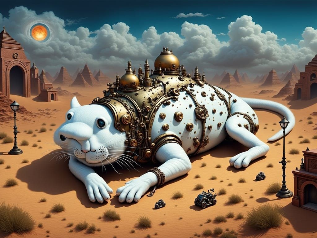 warped surreal steampunk cat with melting face