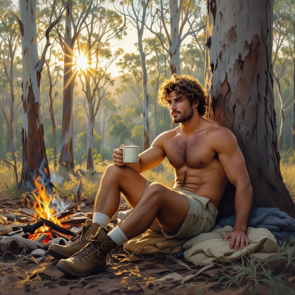 Eucalyptus Forest Scene: Morning Tea in Golden Light