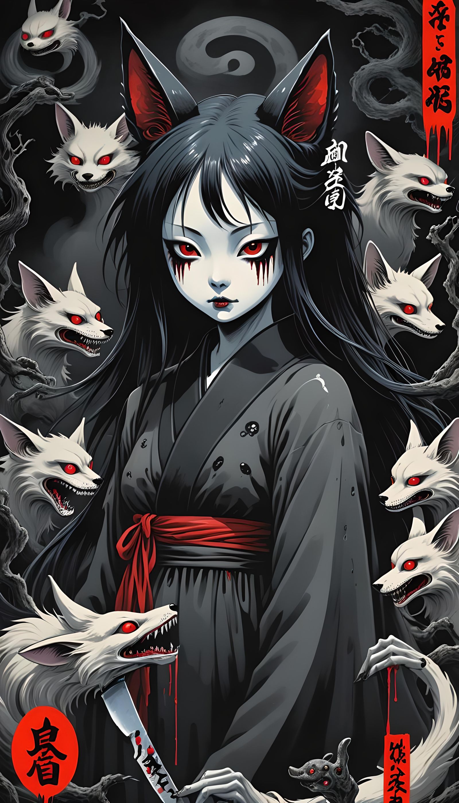 (👽😱🔪:1:3) Eerie, Yokai Goth Kitsune, Horror, Brushed Char...