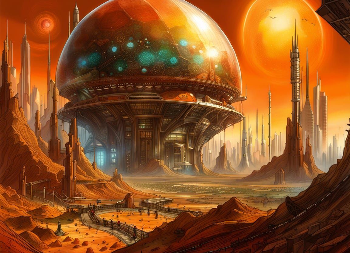 Solarpunk City on Mars Under Glass Dome