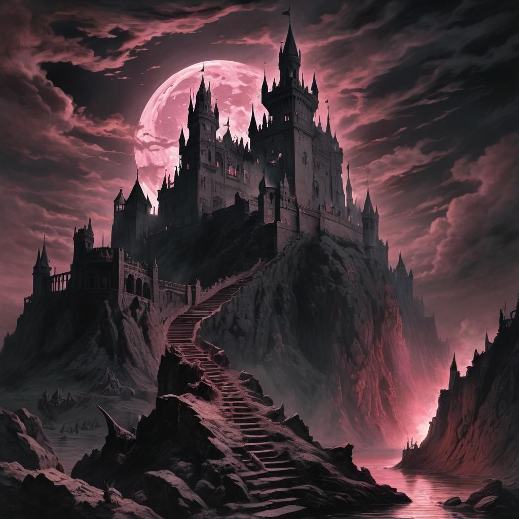 Dracula's Castle: Demons Ascending in Pink Moonlight