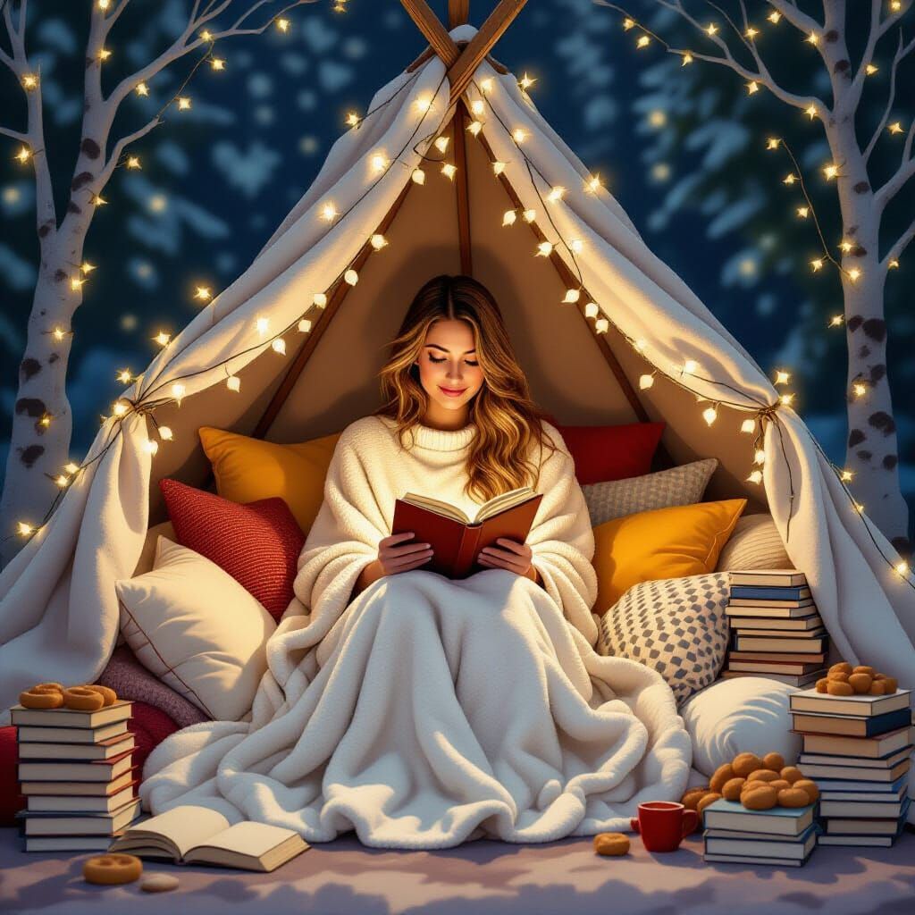 Cozy Blanket Fort Reading Nook, Whimsical Illustration
