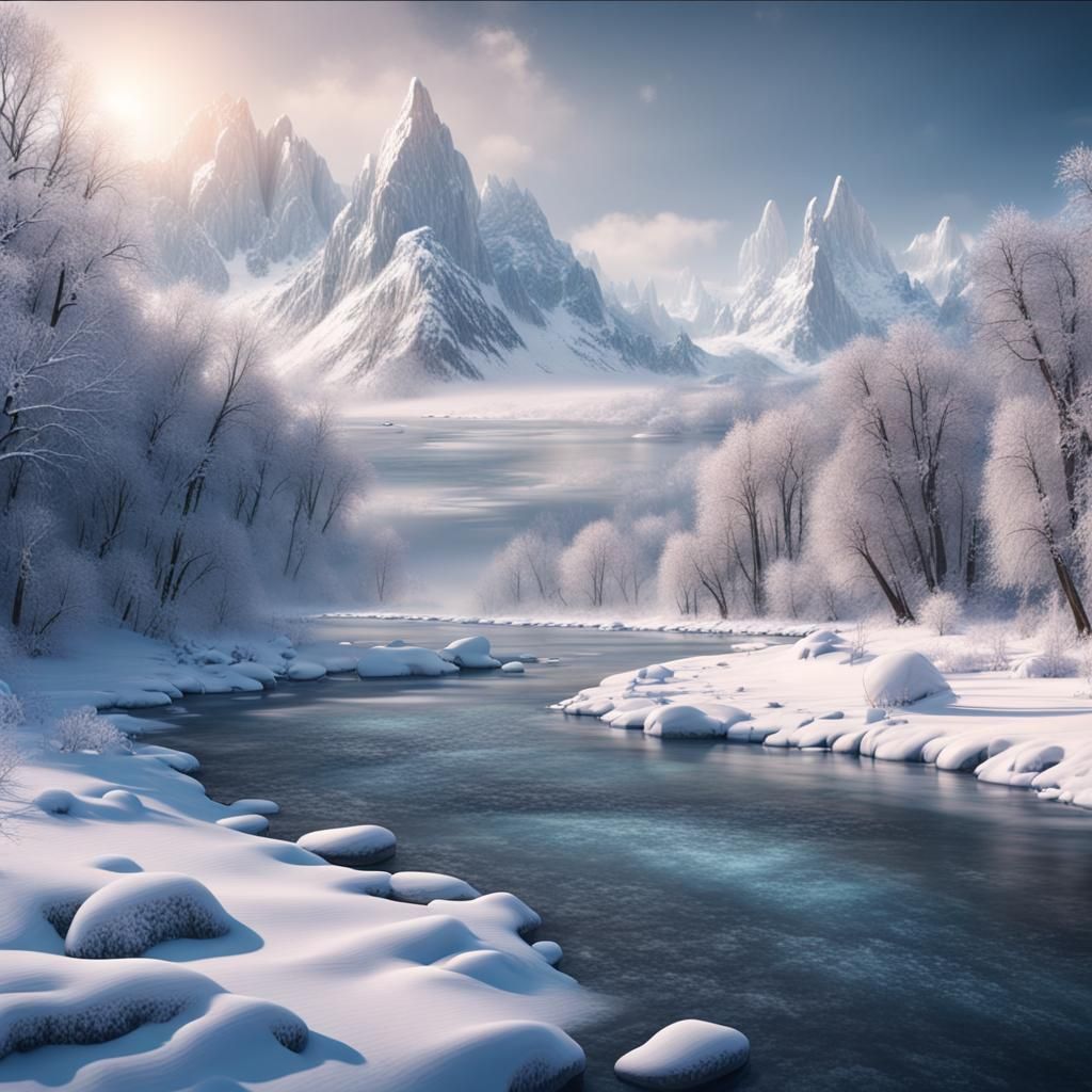 Winter riverscape with a big snowy mountains #2