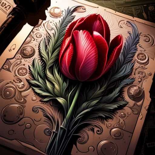 Gothic Royal Bouquet of Crimson Tulips: Comic Book Art